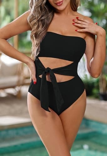 Viottiset Women's Bandeau One Piece Swimsuit Strapless Tie High Cut Out Bathing Suit Black X-Large - Image 6