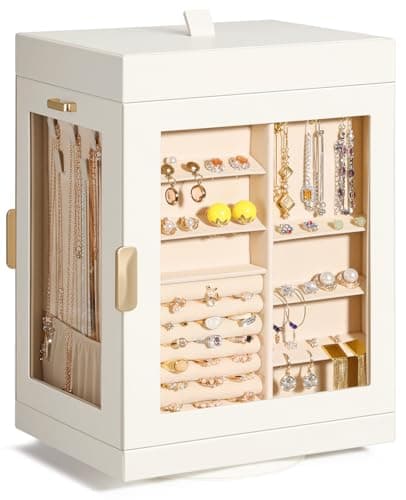 TidyStash 360° Rotating Jewelry Organizer, Large, Elegant Jewelry Boxes for Women Necklace, Ring Earring Storage, Vertical Accessory Organizers and Storage, Cream White - Image 1