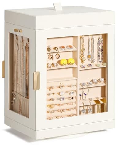 TidyStash 360° Rotating Jewelry Organizer, Large, Elegant Jewelry Boxes for Women Necklace, Ring Earring Storage, Vertical Accessory Organizers and Storage, Cream White - Image 1