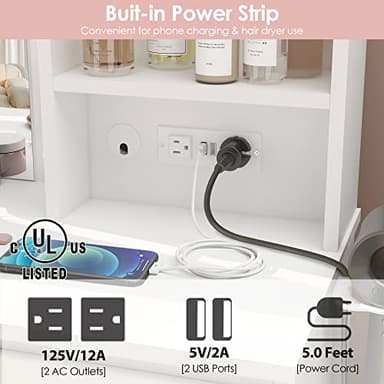 Vabches Makeup Vanity with Lights, 37inch Vanity Desk with Power Strip, 4 Drawers Makeup Table with Lighted Mirror, 3 Lighting Colors, White - Image 6