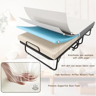 75" x 38" Folding Bed with Mattress for Adults, Portable Rollaway Single Beds with Memory Foam Mattress & Super Strong Frame, Convenient Foldable Roll Away Bed for Storage - Image 6