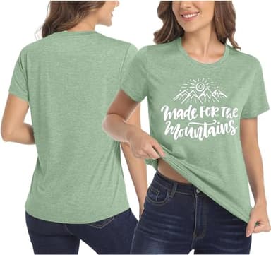 Hiking Graphic Tees for Women Sunrise Mountain Graphic Shirt Letter Print Short Sleeve Summer Casual Camping Clothes-L (Light Green) - Image 5