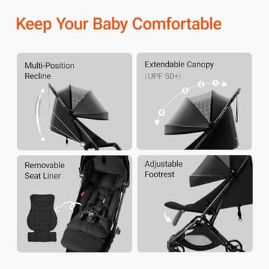MAMAZING Lightweight Baby Travel Stroller with Carbon Fiber Frame, Compact & Airplane-Friendly, One-Handed Folding Design, 11.6 lbs, Perfect for Toddlers, Jet - Image 7