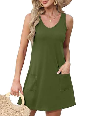 OFEEFAN Summer Dresses for Women 2025 Flowy Loose V Neck Cute Casual Dress Sundresses with Pockets Plain Green M - Image 2