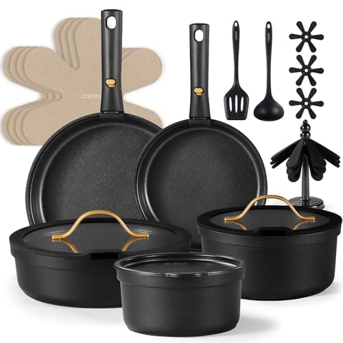 CAROTE 20pcs Pots and Pans Set Non Stick, Nonstick Cookware Set, Dishwasher/Oven/Fridge Safe Pots and Pans, Removable Handle RV Oven Safe Cookware, Induction Kitchen Set, Black - Image 1