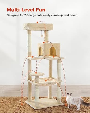 PETEPELA 56.3 Inches Multi-Level Cat Tree Cat Tower with Sisal Covered Scratching Posts, Comfort Condo, Extra Large Hammock and Plush Perches Beige - Image 6