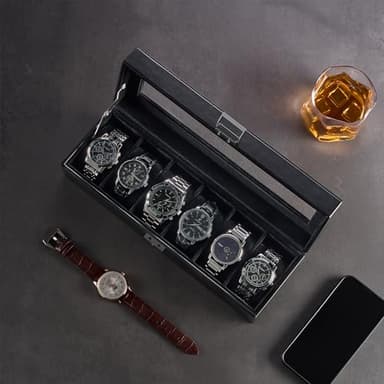 ProCase 6 Slot Watch Case Box for Men, PU leather Man Watch Organizer with Soft Pillow, Lockable Watch Collection Storage Holder with Glass Display Lid -AllBlack - Image 4