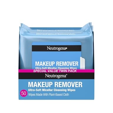 Neutrogena Makeup Remover Wipes Micellar Alcohol-Free Face Towelettes Remove Waterproof Mascara & Oil, Compostable 100% Plant-Based Cloth, Dermatologist & Ophthalmologist Tested, Twin Pack 2 x 25 ct - Image 1