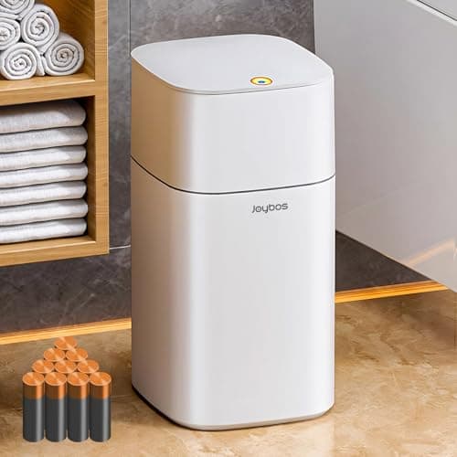 O-MART Bathroom Trash Can with Lid, 1.9 Gallon Small Garbage Can with Press Top Lid, Plastic Wastebasket for Toilet, Office, Bedroom, Living Room, Kitchen, White, 10 Rolls of Bags Included - Image 1