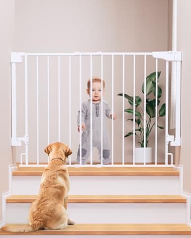 Cumbor 29.2–43" Baby Gate for Stairs, Wall-Mounted (Drill Required), Expandable No Bottom Bar Dog Gate, Auto Close Extra Wide Walk Thru, Pet & Toddler Proof Gate, Top & Bottom of Stairways (White) - Image 1