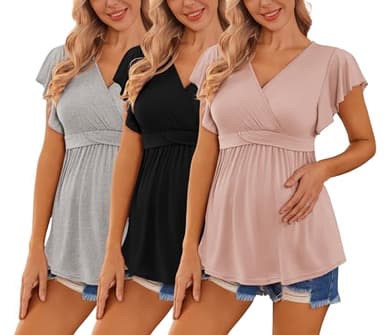Ekouaer Maternity Shirts 3 Packs Flying Short Sleeve Nursing Tops Pregnancy Clothes Light Grey + Black + Pink XXL - Image 1