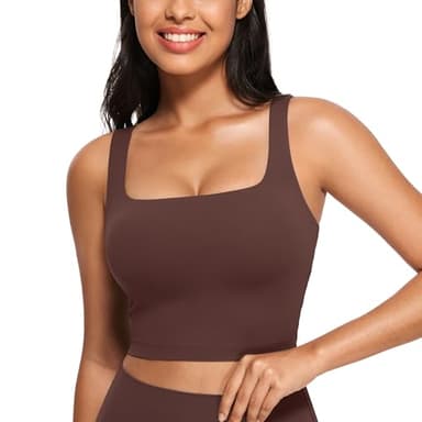 CRZ YOGA Butterluxe Womens Square Neck Longline Sports Bra - Workout Crop Tank Tops Padded Yoga Camisole with Built in Pads Taupe X-Large - Image 1