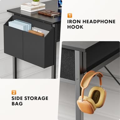 Sweetcrispy Computer Desk Small 32 Inch Home Office Bedroom Writing Study PC Table with Fabric Storage Drawers Space Side Bag Headphone Hook Metal Frame Adjustable Feet Modern Simple Style, Black Wood - Image 5