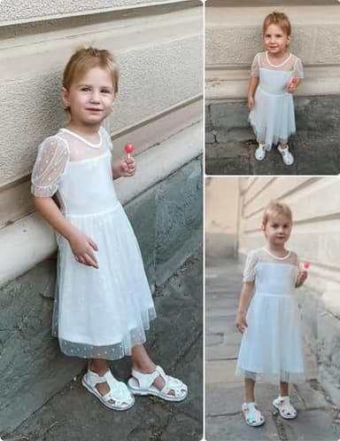 Arshiner Toddler Girls Tulle Summer Puff Sleeve Baby Girls Tutu Princess Party Casual Dress 4-5 Year White - Image 6