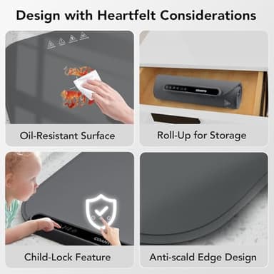 Food Warming Mat, Food Warmers for Parties Buffet, Silicone Heating Mat with 7 Temperature Settings, Roll-Up Storage, 17.91"x12.8", Grey - Image 7