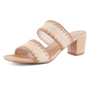N.N.G Women Heels Sandals Straw Braided Beige size 9 Low Block Dressy Mules Chunky Comfortable Summer Two Strap Leather Square Open toe Short Slide - Image 1