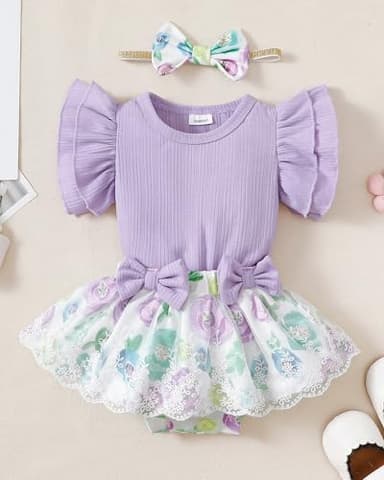 Mioglrie Preemie Clothes Girl Newborn Girl Outfits Infant Baby Girl Clothes Summer Baby Girl Outfits Purple Floral Dress Baby Girls' Clothing - Image 6