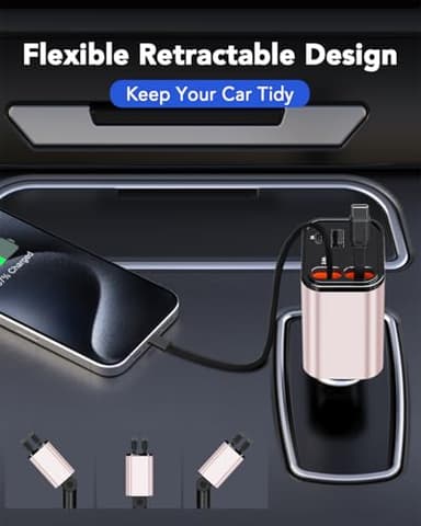 Retractable Car Charger Adapter for iPhone 17,4 in 1 Fast Charging Car Phone Charger,69W USB C Car Truck Accessories,Road Trip Essentials Gift for Men Women for iPhone 17 Pro Max/16/15/14/13/12,Galaxy - Image 9