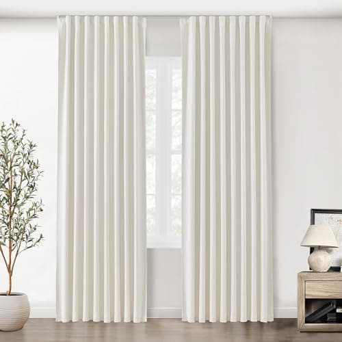 SHINELAND 96 Inch Cream Curtains 2 Panel Set,Mid Century Modern Room Darkening Bay Window Bedroom Drape Ivory White Blackout for Living Room,Back Teb Floor to Ceiling Track for Curtains Track,8FT - Image 1