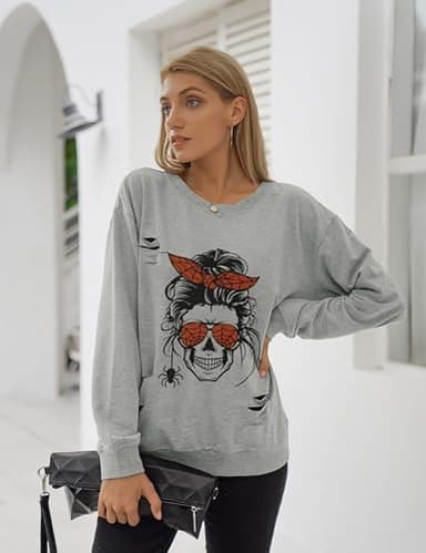 Blooming Jelly Women's Halloween Sweatshirts Skull Graphic T Shirts Long Sleeve Pullover Gothic Fall Trendy Outfits 2024 (Large, Gray-Spider) - Image 2
