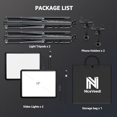 2-Pack LED Video Light Kit, NiceVeedi Studio Light, 2800-6500K Dimmable Photography Lighting Kit with Tripod Stand&Phone Holder, 73" Stream Light for Video Recording, Game Streaming, YouTube - Image 8