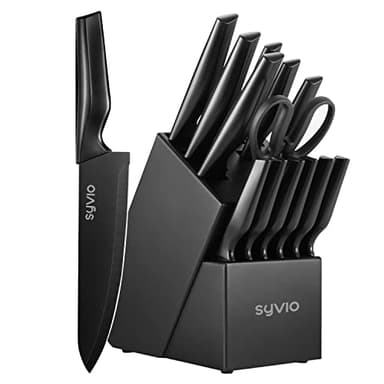 syvio Block Knife Set, 15 Pcs Kitchen Knife Set with Block and Sharpener, with Heavy Poultry Shears and 6pcs Serrated Steak Knives Razor-Sharp, Stainless Steel, Lightweight, Anti-Slip Handle - Image 1