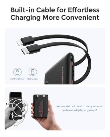 WeeFancy Mini Portable Charger with Built-in Cables 22.5W Fast Charging Power Bank USB-C Small Battery Pack 10000mAh Travel Essential Slim Battery for iPhone 17/16/15/14, Samsung 25/24, and More - Image 3
