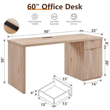 JXQTLINGMU 60" Modern Executive Desk with Storage, Wood Home Office Desk with Drawer & Cabinet, Fluted Computer Writing Desk for Study, Living Room, Bedroom, Oak - Image 2