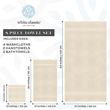 White Classic Luxury Bath Towel Set of 8 Pieces - 100% Turkish Cotton Highly Absorbent Towels for Bathroom, 2 Luxury Bath Towels 700GSM, 2 Hand Towels, 4 Washcloths, Ivory - Image 4
