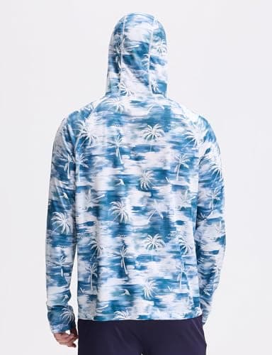 baleaf Swim Shirts Men Rash Guard Long Sleeve Sun Protection Hoodie UV Lightweight Athletic Running with Kangaroo Pocket Blue Coconut L - Image 5