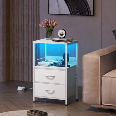 WLIVE White Night Stand with Charging Station, LED Nightstand with 2 Fabric Drawers and Storage Shelf, Dorm Bedside Table End Table with 2 USB Ports and Outlets, Small Dresser for Bedroom - Image 7