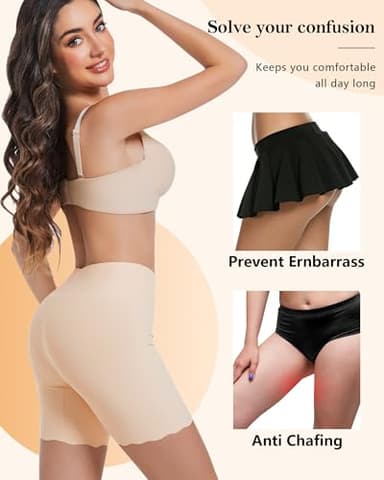 Blueinn High-Waisted Slip Shorts for Under Dresses Women Anti Chafing Cooling Shorts Boyshorts with Scalloped Bottom L Beige - Image 3