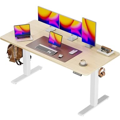 Huuger 55 x 28 Large Electric Standing Desk, Height Adjustable Desk, 27.6" Deep Desktop, Stand up Gaming Computer Office Desk with 2 Hooks, 3 Preset Heights, for Home Office, Natural - Image 1