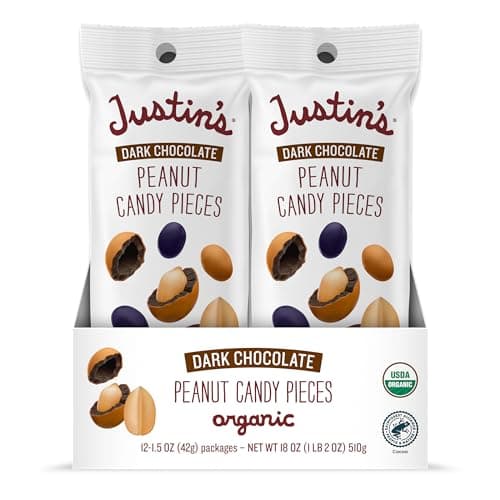 Justin's Dark Chocolate Peanut Candy Pieces 12pk of 1.5oz bags Organic, Gluten Free, Non-GMO, Responsibly Source, Rainforest Alliance Certified Cocoa - Image 1