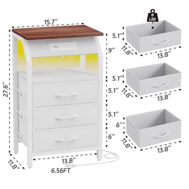 SZLHANJZ End Table with LED Lights, Nightstand with Charging Station and 3 Drawers, Small Side Table with Fabric Storage for Bedside, Living Room, Dorm, White and Walnut - Image 3