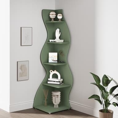 Tribesigns Corner Shelf, Modern 5-Tier Wall Corner Bookshelf, Stylish Corner Small Bookcase Storage Rack Plant Stand with Unique Shape for Living Room, Home Office (Sage Green, 1PC) - Image 8