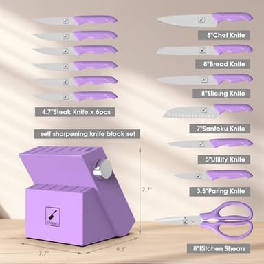 imarku Kitchen Knife Set, Sharp Knives Set with Built-in Sharpener, Stainless Steel Block Knife Set and Non-Slip Ergonomic Handle, Dishwasher Safe, 14 PCS Professional Knife Set for Gift, Lavender - Image 6