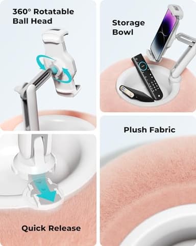 Viozon Tablet Stand Pillow, Compatible with 4.7"-13" Phone/Tablet, iPad, iPhone, Samsung, Google, Kindle, 360°Adjustable Phone Holder for Bed with Soft Plush Fabric, and Detachable Bowl, Pink - Image 5