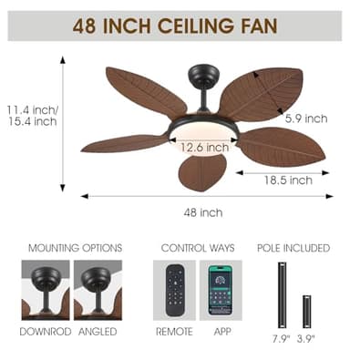 Wiviniya Ceiling Fans with Lights and Remote/APP Control, 48 Inch Tropical Ceiling Fan for Bedroom Living Room, Outdoor Palm Leaf Ceiling Fan for Patios Porch, Dimmable, 6 Speeds, Reversible, Brown - Image 6