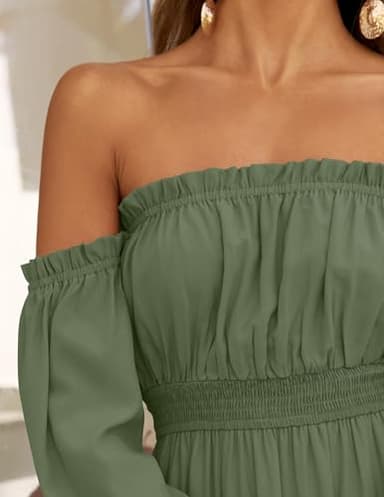 ZESICA Women's 2025 Boho Sexy Off Shoulder Long Sleeve Smocked High Waist Side Split Flowy A Line Tiered Long Maxi Dress,Olive,Medium - Image 7