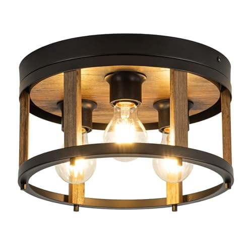 MAYNA 3-Light Retro Farmhouse Flush Mount Round Vintage Metal and Wood Ceiling Light Fixtures, Rustic Ceiling Lamp for Kitchen, Hallway, Entryway, Bedroom, Dining Room - Image 1