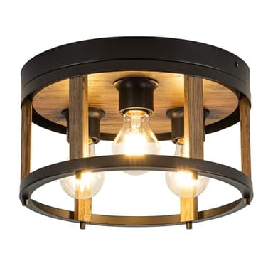 MAYNA 3-Light Retro Farmhouse Flush Mount Round Vintage Metal and Wood Ceiling Light Fixtures, Rustic Ceiling Lamp for Kitchen, Hallway, Entryway, Bedroom, Dining Room - Image 1
