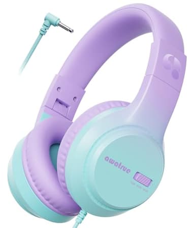 Kids Headphones with Cord for School, 74/85/94dB Volume Limit, Wired Over-Ear Headphones for Kids Boys Girls, Stereo Sound 3.5mm Jack for Tablet, Kindle, YOTO Player, Airplane Travel, Purple Green - Image 1