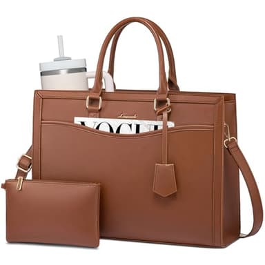 LOVEVOOK Laptop Tote Bag for Women, Leather Office Work Bag Briefcase fit for 15.6 inch Laptop, Large Teacher Computer Bag Handbag,2pcs Set Leather/Brown - Image 1