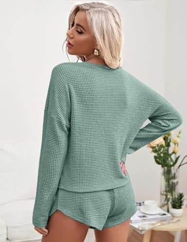 Ekouaer Womens Waffle Knit Pajama Sets Long Sleeve Top and Shorts Matching Lounge Set Sleepwear Loungewear Sweatsuit with Pockets Green Large - Image 3