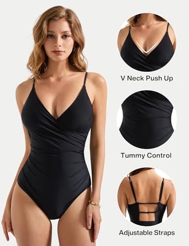 SUUKSESS Women Sexy Wrap Push Up One Piece Swimsuit Slimming Tummy Control Bathing Suit Retro Backless Cut Out Swimwear (Black,L) - Image 2