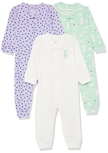 Amazon Essentials Unisex Babies' Snug-Fit Cotton Footless Sleeper Pajamas, Pack of 3, Mint Green Forest Animals/Purple Dots/White, 18 Months - Image 1