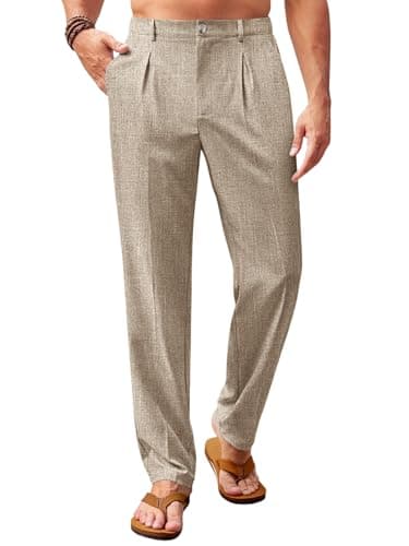 Runcati Mens Casual Pants Elastic Waist Lightweight Loose Fit Pleated Slacks Summer Beach Yoga Trousers Dark Khaki - Image 1