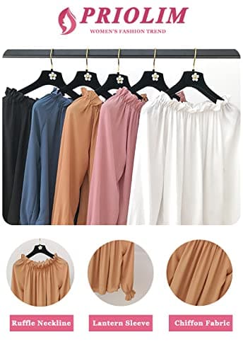 Spriolim Womens Off Shoulder Sexy Fashion Tops Casual Long Sleeve Chiffon Shirt Blouses Black, Large - Image 5