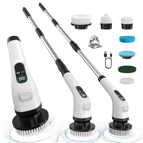 Electric Spin Scrubber with Long Handle: ALPONO Cordless Power Shower Scrubber Spin Brush with 7 Brush Replacement Heads for Cleaning Bathroom,Tub, Tile (Black) - Image 1